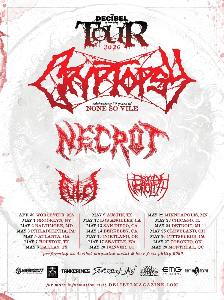 Decibel Tour 2026: Cryptopsy с 'None So Vile', Necrot, Fulci и Blood Monolith